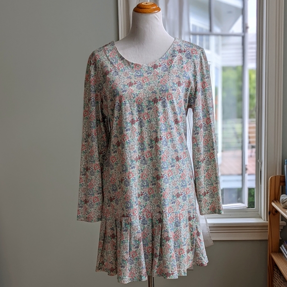 Vintage Dresses & Skirts - Vintage 1990s Terazzia Pastel Floral Drop Waist Cotton Blend Dress Boho Coastal.